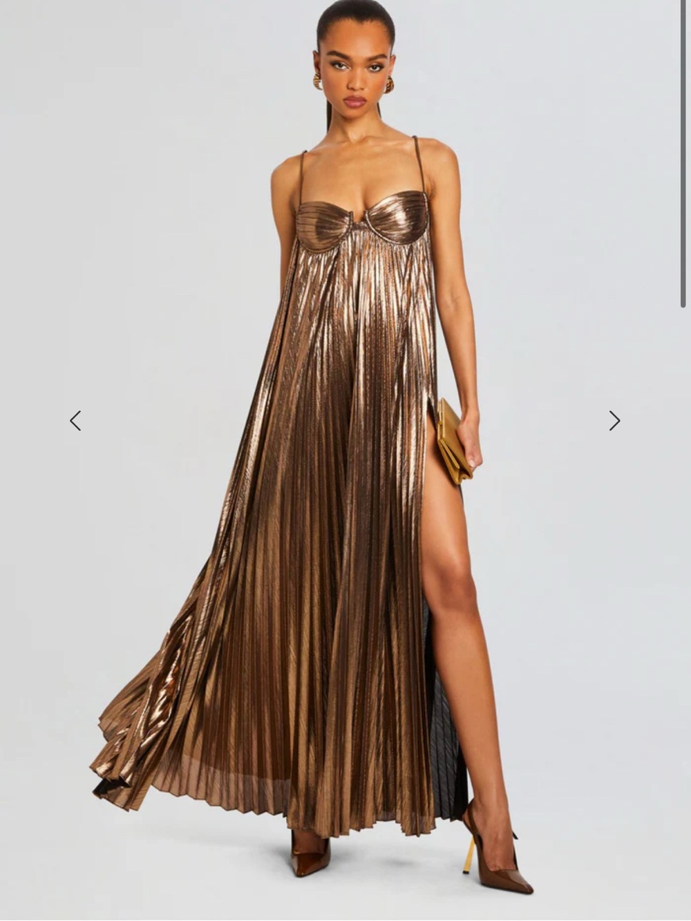RETROFETE Diana Dress Maxi Metallic Pleated Slit Bronze Bustier Glam Retro L‎